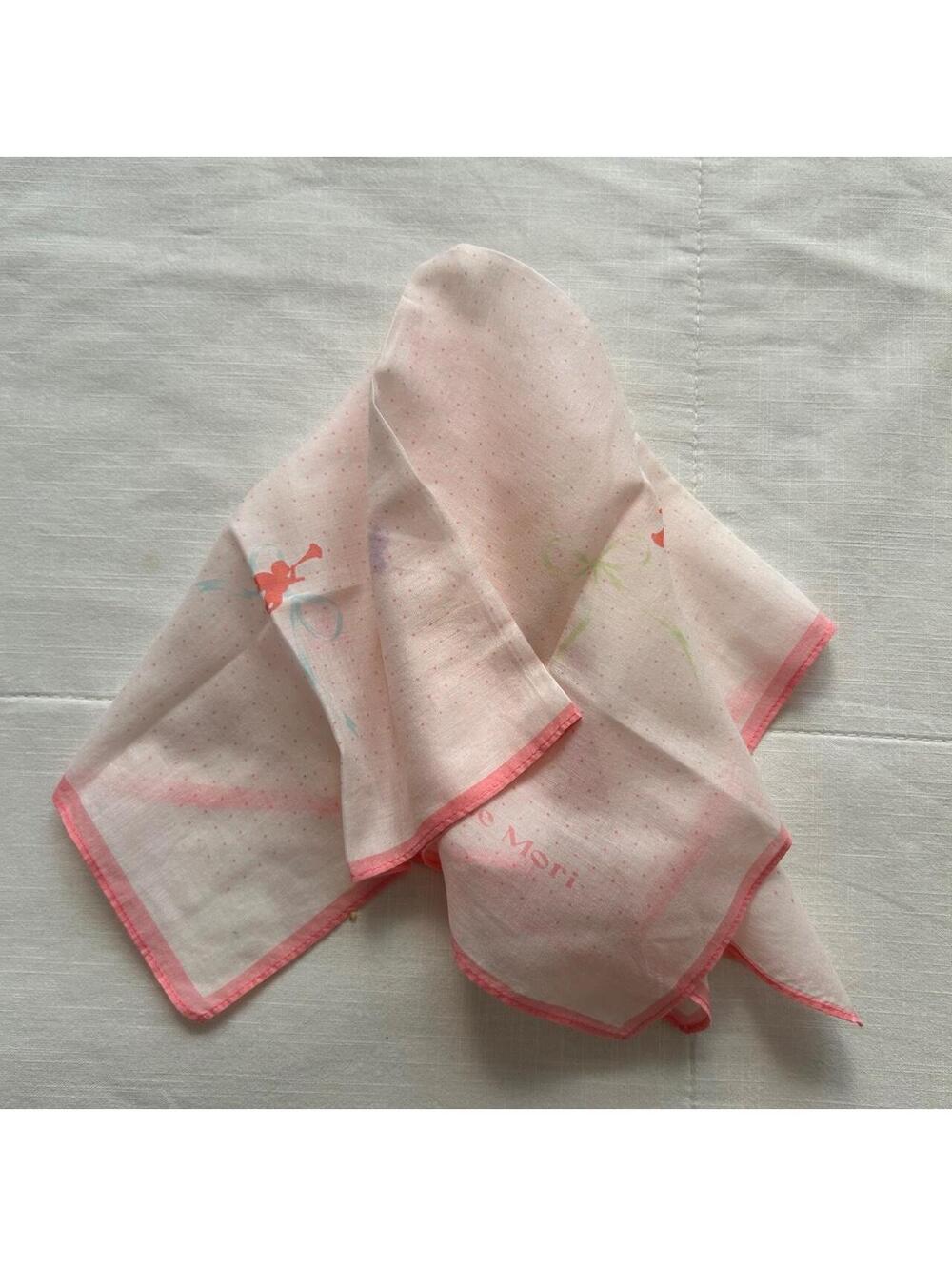 Hanae Mori Cream Bandana Cherub Bow Print Pink Border Scarf Vintage